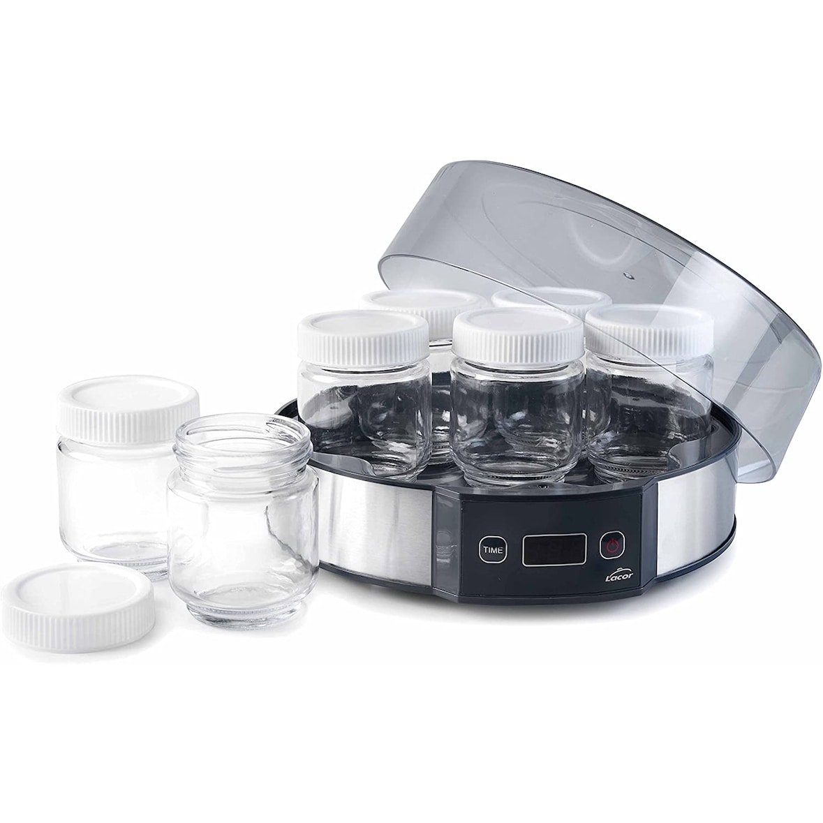Lacor 69245 Yaourtière, capacité 7, couvercle en verre, minuterie, gobelets lavables au lave-vaisselle
