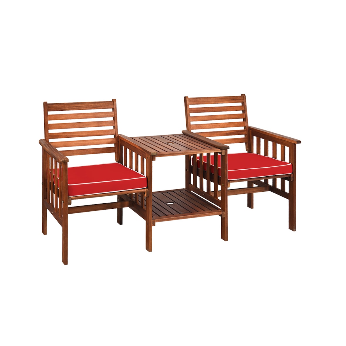 COSTWAY Gartenbank mit Tisch, 2-Sitzer-Holzbank mit Sitzkissen und Schirmloch, Akazienholzbank bis 350 kg