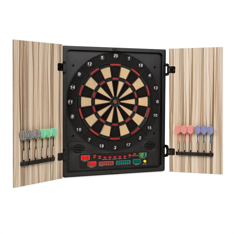 klarfit Dartmaster 180 Dartscheibe Dartautomat Softtip Türen beige Akazie