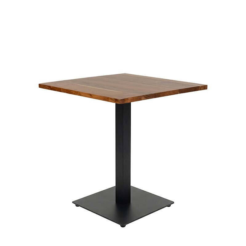 Mesa Cuadrada de Hostelería 70x70 cm en Madera Maciza de Acacia y Base Cuadrada de Acero Negro para Cafeterías y Restaurantes