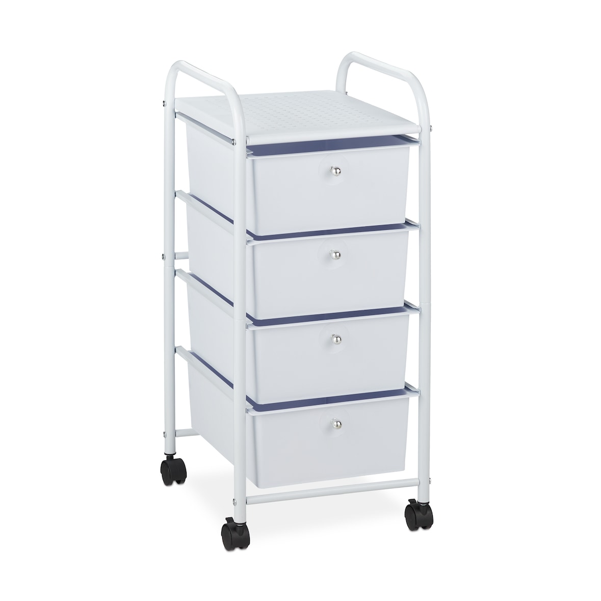 Relaxdays Badrollwagen, 4 Schubladen, Metall & Kunststoff, Rollcontainer Bad, Kosmetik, HBT: 74 x 33 x 39 cm, weiß