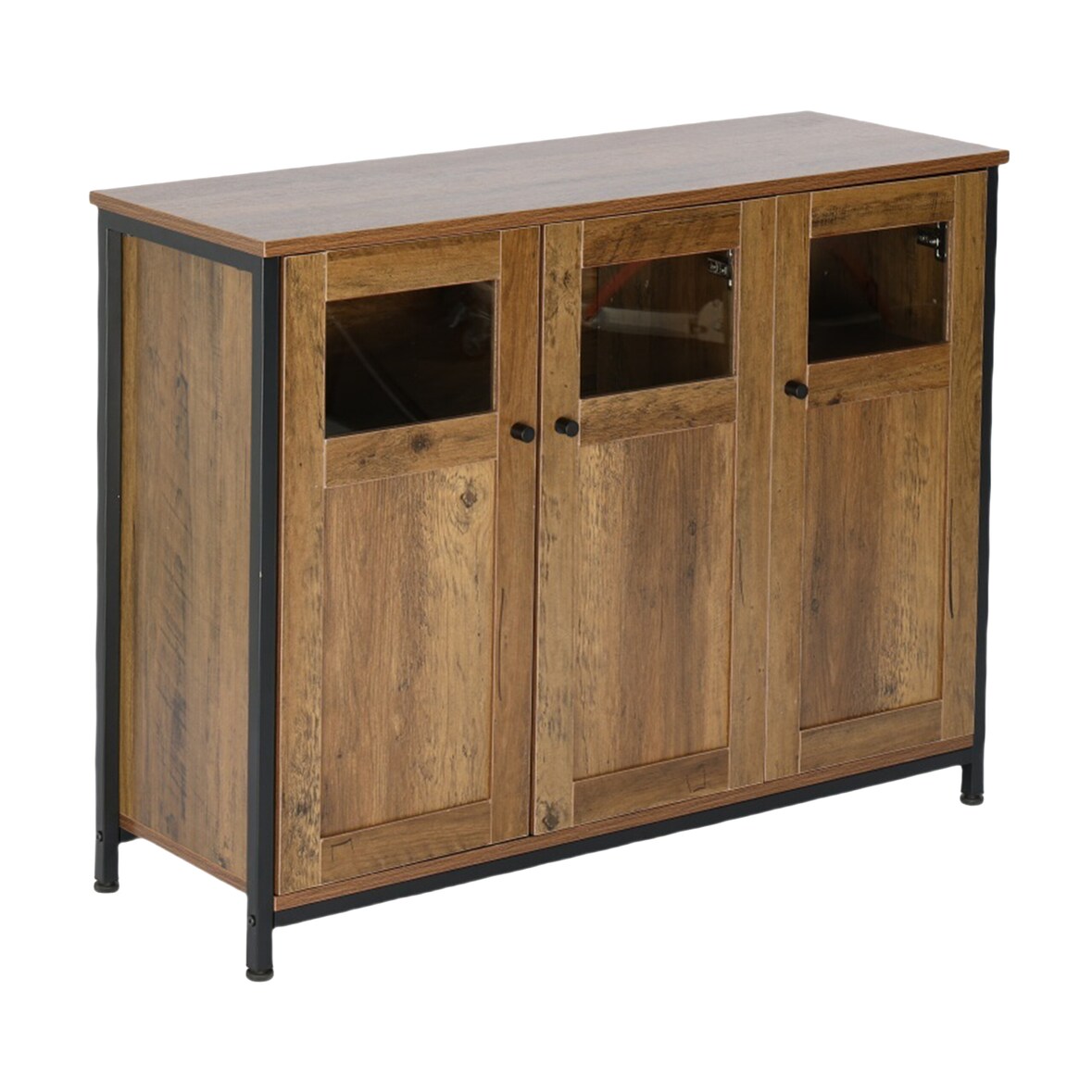 Relaxdays Küchenschrank mit Glastüren, HxBxT: 75 x 100 x 35 cm, 6 Fächer, Sideboard Küche, Holzoptik, braun/schwarz