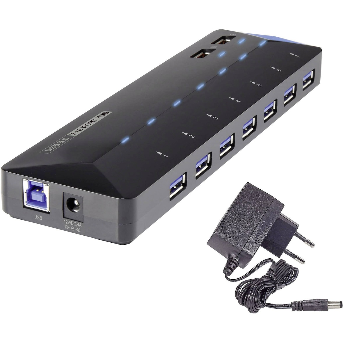 Renkforce 7+2 Port USB 3.2 Gen 1-Hub (USB 3.0) mit Schnellladeport, mit Status-LEDs Schwa RF-3806034