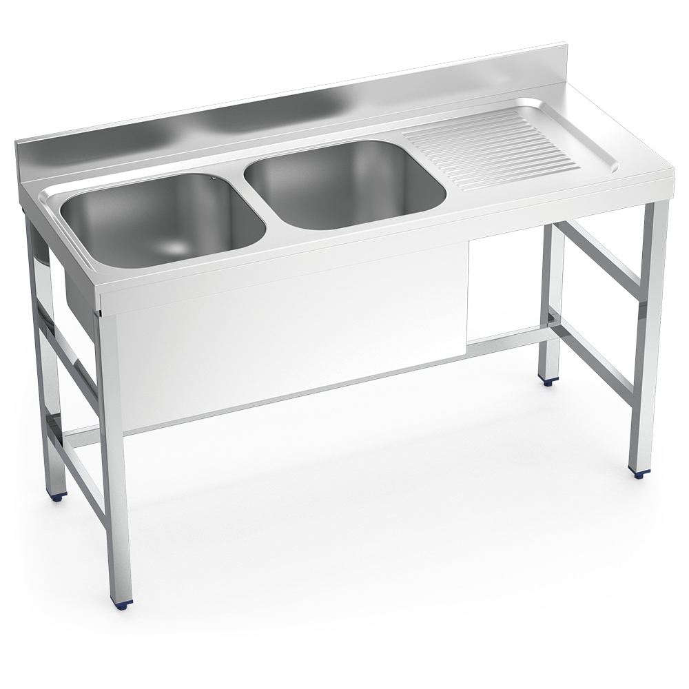Fregadero con soporte dos cubas, escurridor en la derecha 1400x550x850 mm.