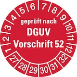 thumbnail of Prüfplakette ab 27, geprüft nach DGUV Vorschrift 52, rot/weiß, Folie, Ø 30 mm - Bogen = 10 Plaketten - 30 mm Folie selbstklebend