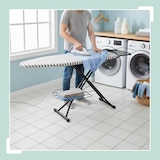 thumbnail of Relaxdays Bügelbrett für Dampfbügeleisen, 110x33 cm, höhenverstellbar, klappbar, Ablage, Bügeltisch gestreift, grau-weiß