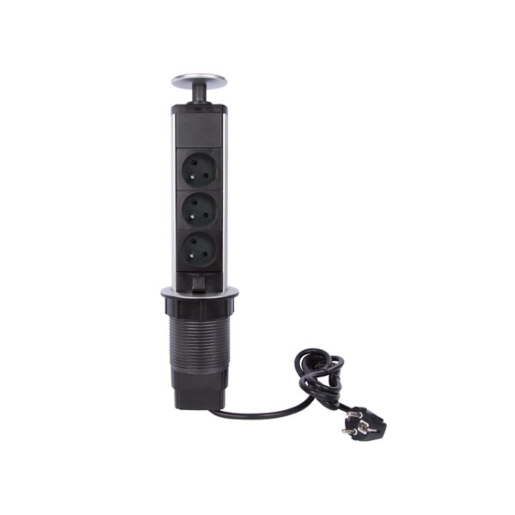 Bloque de potencia múltiple grabable, 3 enchufes con tierra francesa (tipo E), diámetro de 71 mm, uso interior, negro/gris