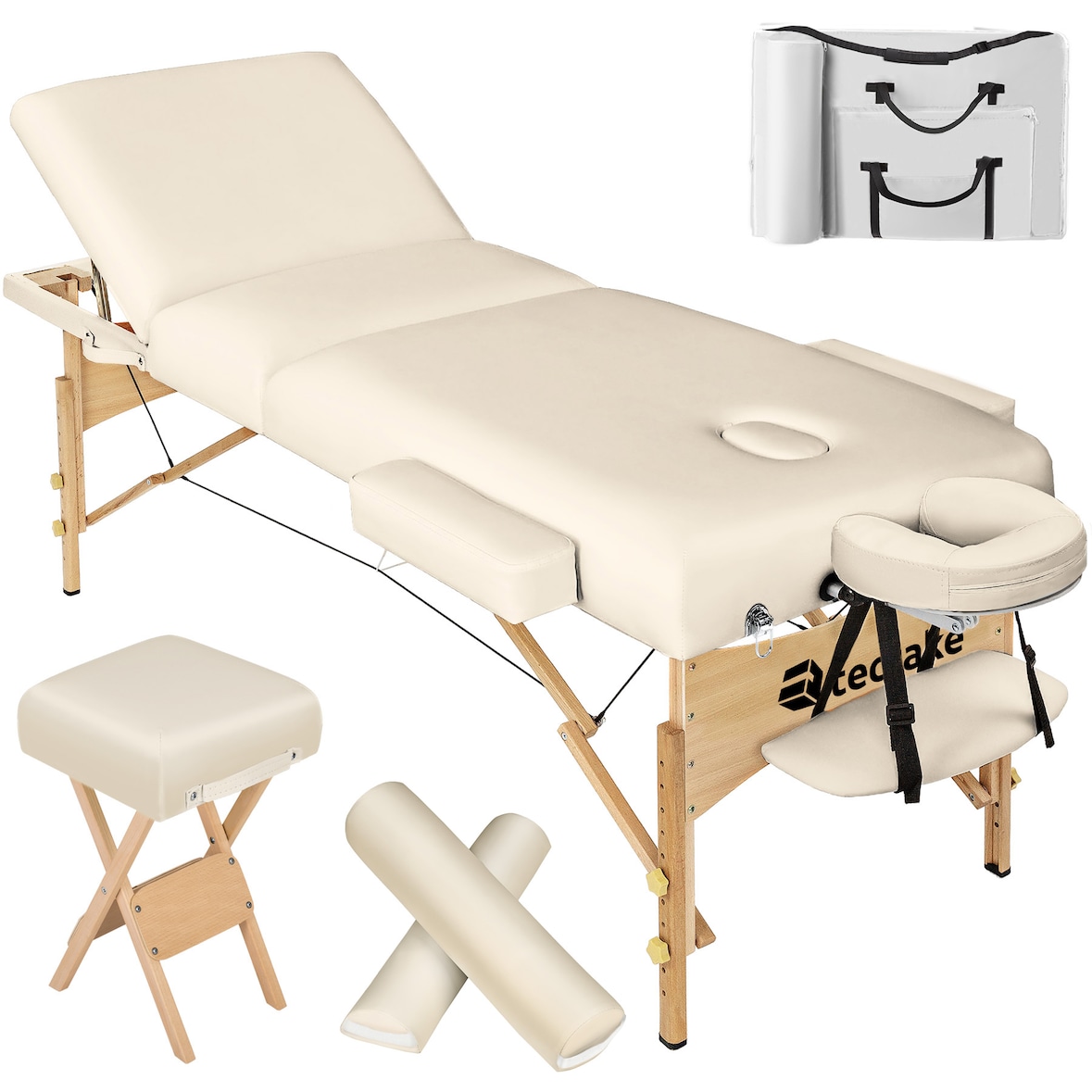 3 Zonen Massageliege-Set mit 10cm Polsterung, Lagerungsrollen und Holzgestellbeige