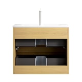 thumbnail of Badezimmer-Waschtisch 50x61x39 Keramikbecken 2 Soft-Close Schubladen Massivholz Schrank Wasserfest Badmöbel Beige+Golden Oak+Weiß