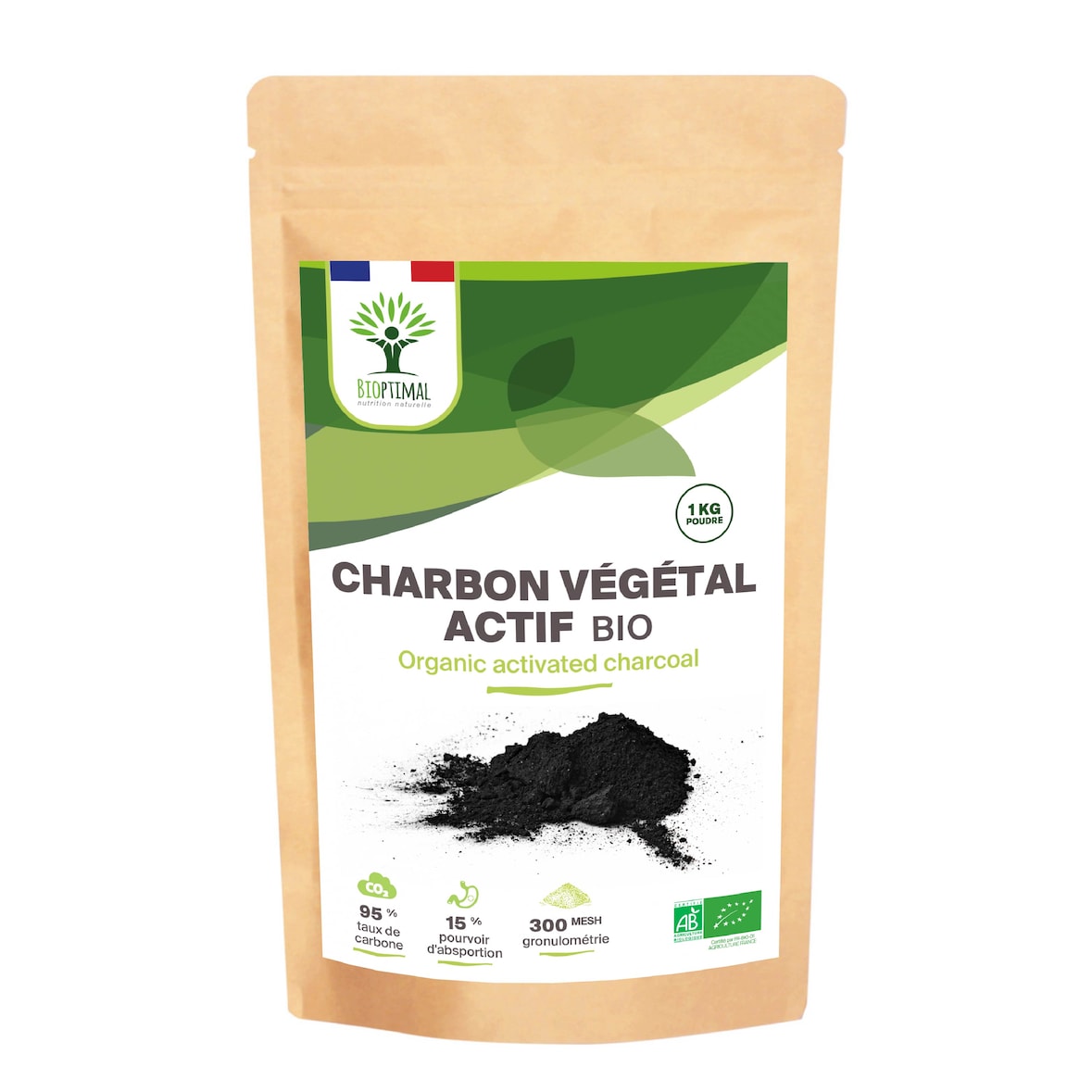 Charbon végétal actif bio en poudre - Digestion Ventre Plat - Colorant alimentaire Noir - Made in France - Certifié Ecocert - sachet de 1kg