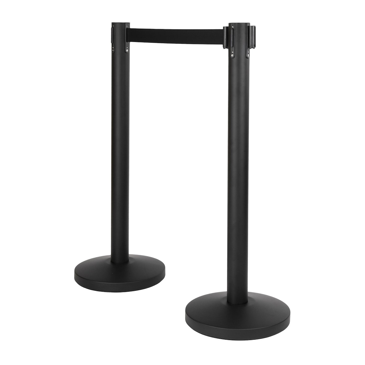 Securit® Lot de 2 Poteaux d'accueil Rétractable - Noir - 100cm - Bande nylon 200cm Noire - Ensemble complet pied + socle