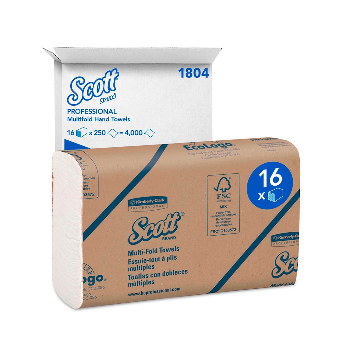 Scott Essuie-mains multiplis 1804 - pliés en Z - 1 épaisseur - 16 paquets x 250 feuilles (4 000 au total)