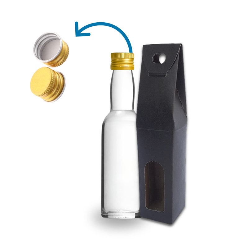 20 Mini Glasflaschen 40ml mit Schwarzen Boxen, Ideal für Hochzeit, Whisky, Rum, Soßen