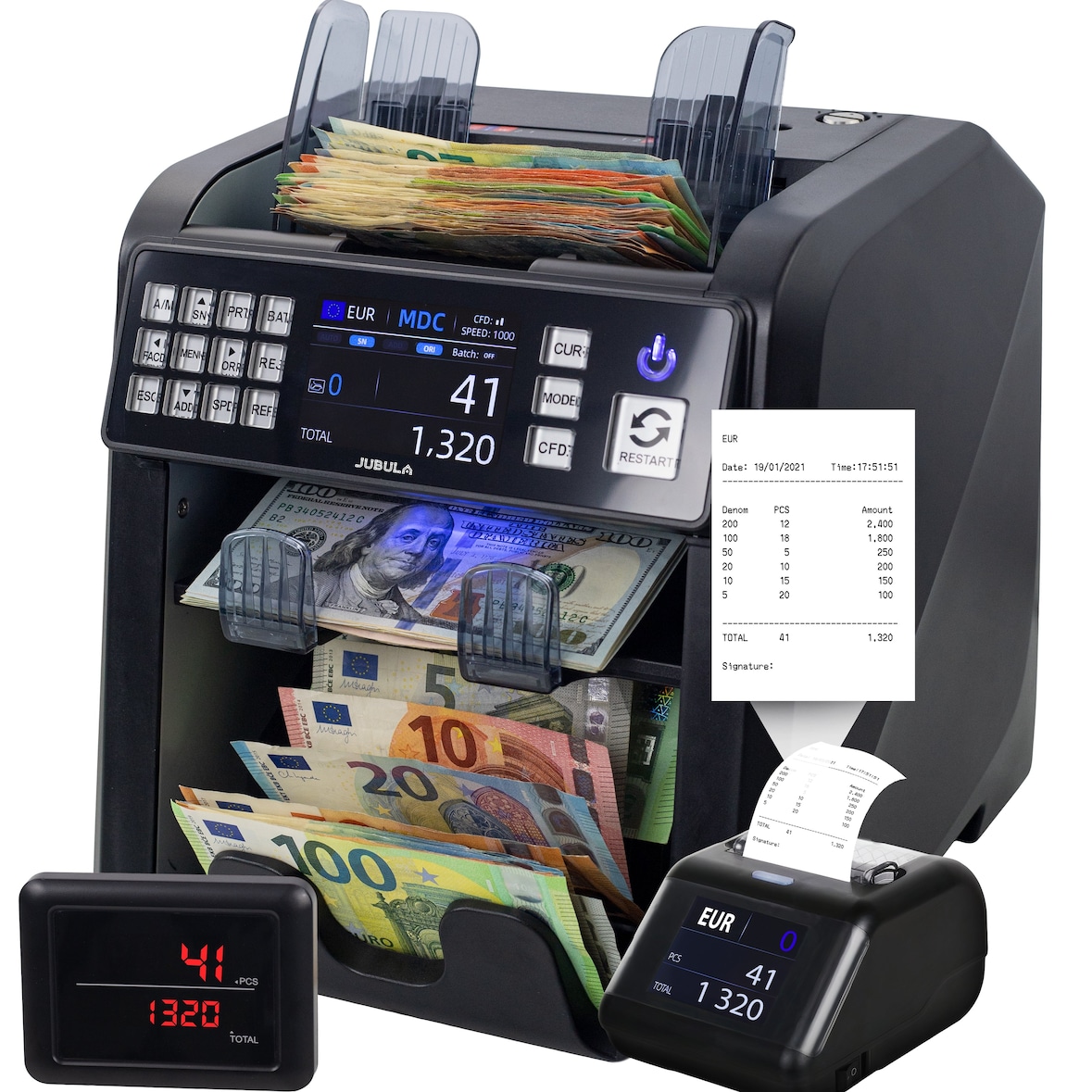 Jubula MV-600 Geldzählmaschine mit Thermodrucker Jubula MPR-1| Banknotensortierer für gemischte Geldscheine | UV/MG/IR/2CIS usw.| EUR USD GBP usw.