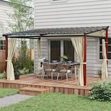 thumbnail of Gartenpergola mit Polycarbonatdach, Polyester-Vorhängen und Aluminium-Stahl-Rahmen, Beige, 345x300x215-255 cm