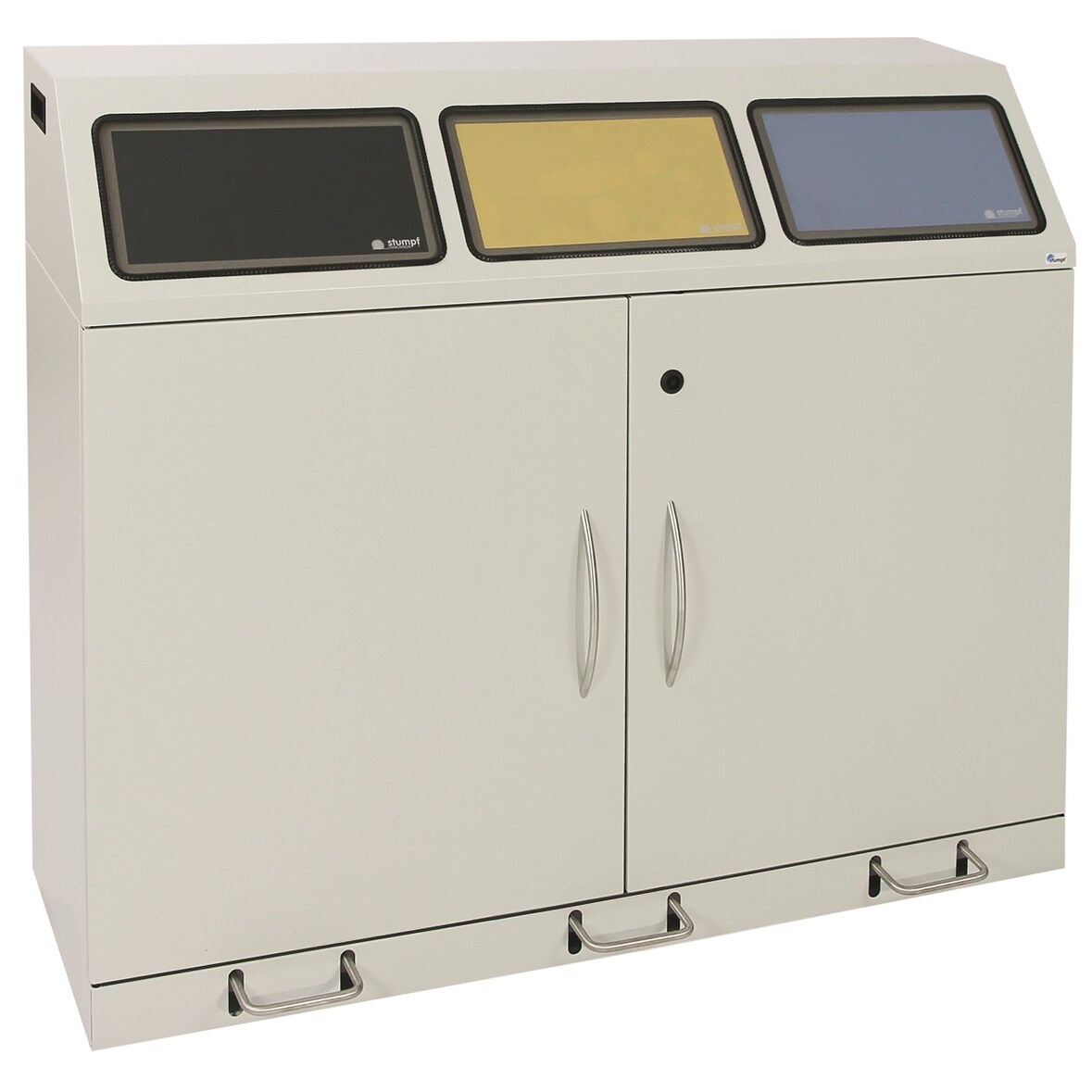 Abfalltrennung Flex-M-3fach-Sammelstation mit Fußhebel, ProPads in blau, gelb und anthrazit