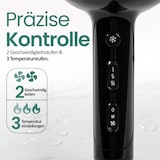 Ein schwarzer Haartrockner mit Bedienelementen.