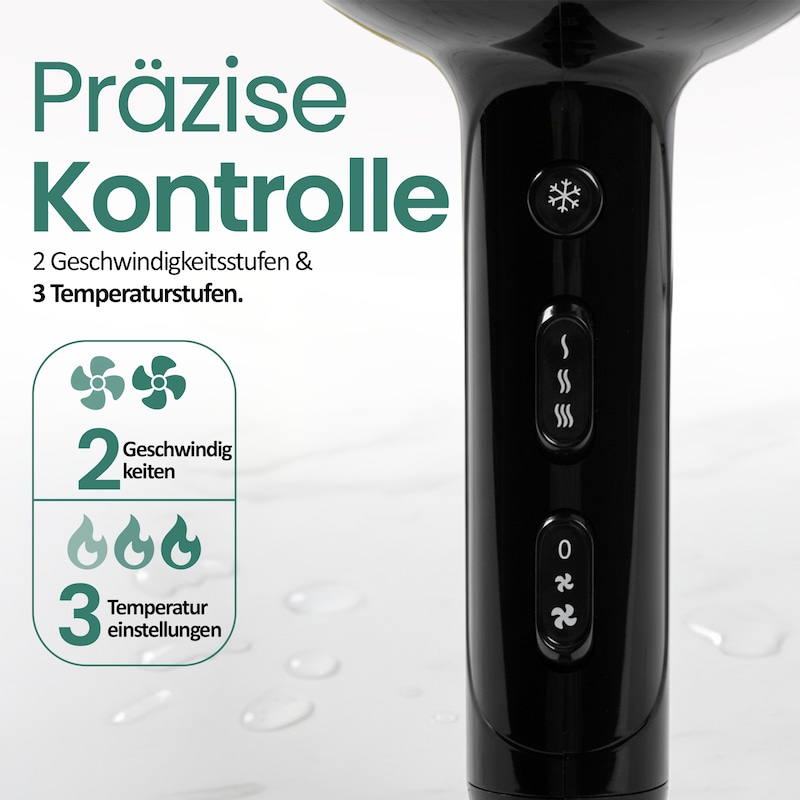 Ein schwarzer Haartrockner mit Bedienelementen.