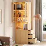 thumbnail of Bücherregal MDF Eichefarben 60 x 40 x 200 cm mit Glasvitrine, LED und 3 seitlichen Schubladen