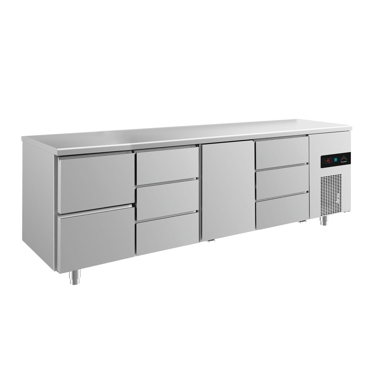 Gastro Kühltisch 1 Tür Mitte 8 Schubladen Umluftkühlung 2330x700x850mm -2/+8°C ISO 50mm