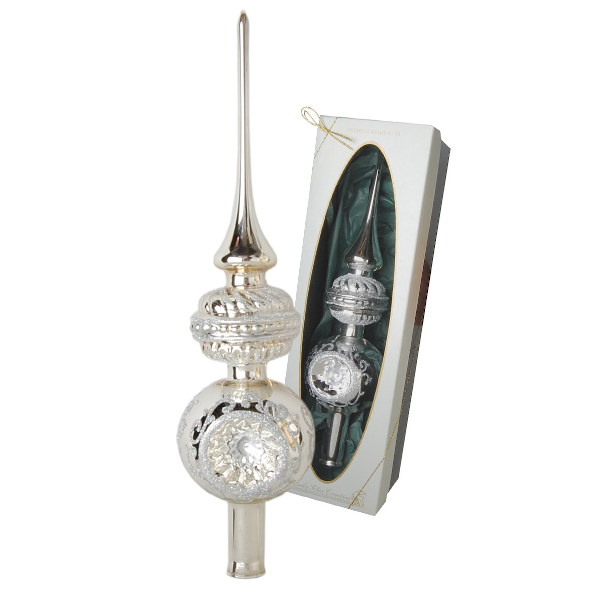 Silber glanz 33cm Große Reflexspitze mit 3 Reflexen und aufgesetzter Form, Glasornament, mundgeblasen und handdekoriert mit Glitter