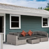 thumbnail of Outsunny Muebles de Jardín de Ratán 4 Piezas Mesa de Centro de Vidrio Sofá Doble y 2 Sofás Esquineros con Cojines Desenfundables para Terraza Exterior