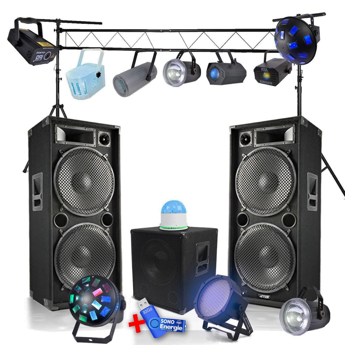 Pack de 11 jeux de lumière + portique et pack sono