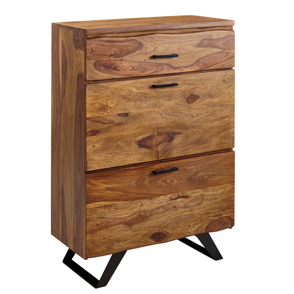 Kommode 80x120x41,5 cm Sheesham Massivholz / Metall Flurkommode, Sideboard Highboard mit Baumkante, Kommodenschrank Holz Modern, Standschrank