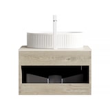 thumbnail of Waschtisch 50x60x46 Ovales Keramikbecken Travertin Sinterstein Soft-Close Schublade Badmöbel Schrank Beige+Off White+Weiß