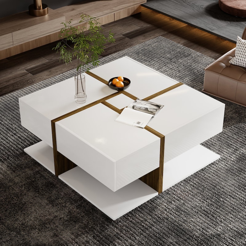 Merax Hochglanz-Couchtisch, Tisch mit 4 Schubladen, einzigartige Farbabstimmung und Liniendesign, Stauraum unten. 78*78*34,8cm, Weiß und Holzfarbe