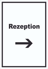 thumbnail of Rezeption Schild mit Text und Richtungspfeil rechts Anmeldung Eingang hochkant A5 Rückseite selbstklebend