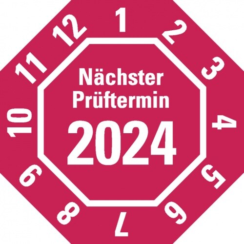 Aufkleber I Prüfplakette Nächster Prüftermin 2024, 8-eckig, rot, Dokumentenfolie, 30x30mm, 18/Bogen