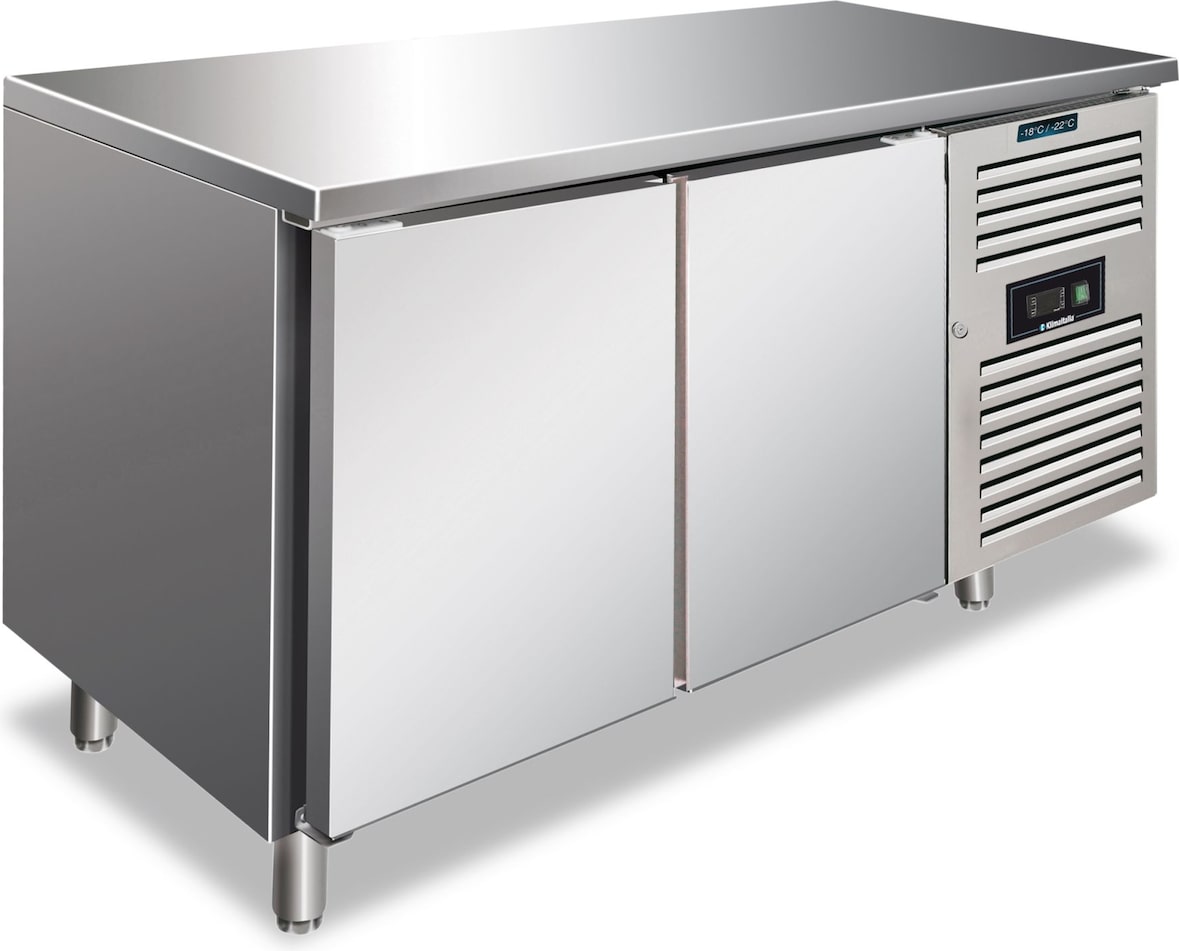 KLIMAITALIA Edelstahl-Gefriertisch mit 2 belüfteten Türen. Automatisches Auftauen. Temperatur -22°C/-18°C.  Maße LxWxH 136x70x86 cm. CXF2100BT
