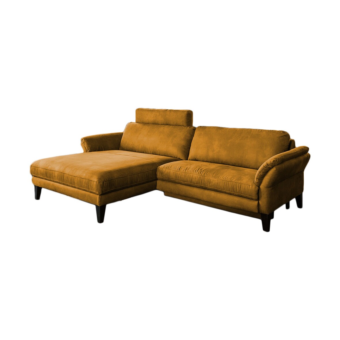 KAWOLA Sofa MALTA Ecksofa Stoff gold mit motorischer Relaxfunktion und Kopfstütze Recamiere links