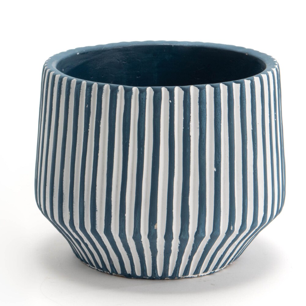 Übertopf mit blauen Streifen großes Modell - Rund Amadeus Steinzeug 18.8x18.8 cm