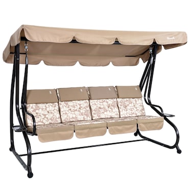 Columpio de jardín 4 plazas MIZAR XL reclinable y convertible en cama, estructura de metal, techo regulable de poliéster impermeable (Bronce Hibiscus)