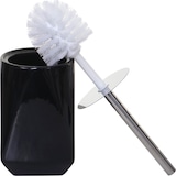 Ein schwarzer Toilettenbürstenhalter mit Bürste.