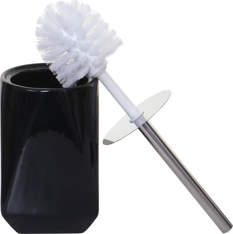 Ein schwarzer Toilettenbürstenhalter mit Bürste.