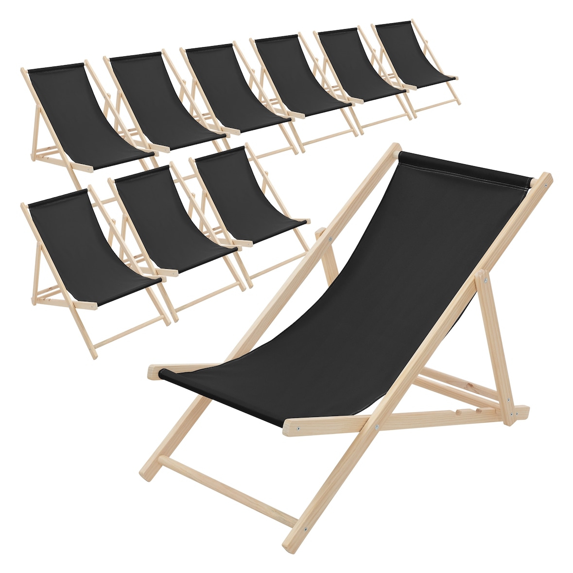 ECD Germany 10er Set Liegestuhl klappbar Schwarz Holz, verstellbar 3 Positionen bis 120 kg, Sonnenliege Gartenliege Strandstuhl