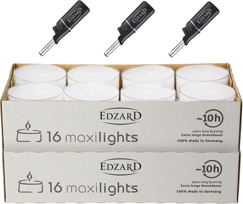 32 Stück Wenzel Maxilights transparente Maxi-Teelichter, ø 55 mm, Plus 3 Mini-Stabfeuerzeuge