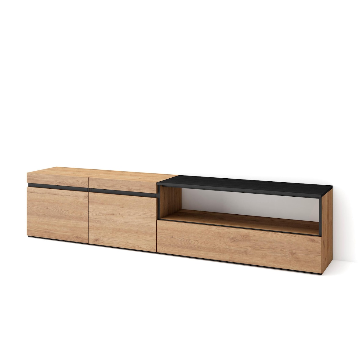 Mueble TV, Televisión, 200x35x45cm, Para TV hasta 80", Con almacenamiento, Roble y negro _ 46_25