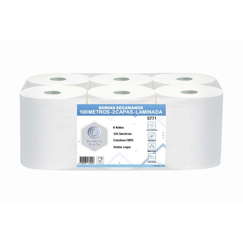 Bobina Papel secamanos Mecha 6 rollos de 100m 100% Celulosa Doble Capa Suave y Resistente Compatible con todos los dispensadores