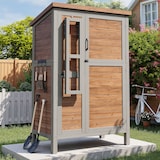 thumbnail of Merax Gartenschrank mit ausklappbarer Arbeitsplatte, Tannenholz, mit verstellbaren Regalböden, Haken & Sicherheitsverschluss, Naturholzfarbe