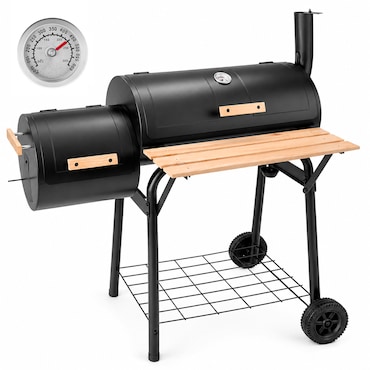Barbecue A Carbone Con Affumicatore Laterale BBQ Con Termometro Integrato Griglie Cromate Ripiano E Maniglie Griglia 109.5 x 59 x 116 Cm Nero