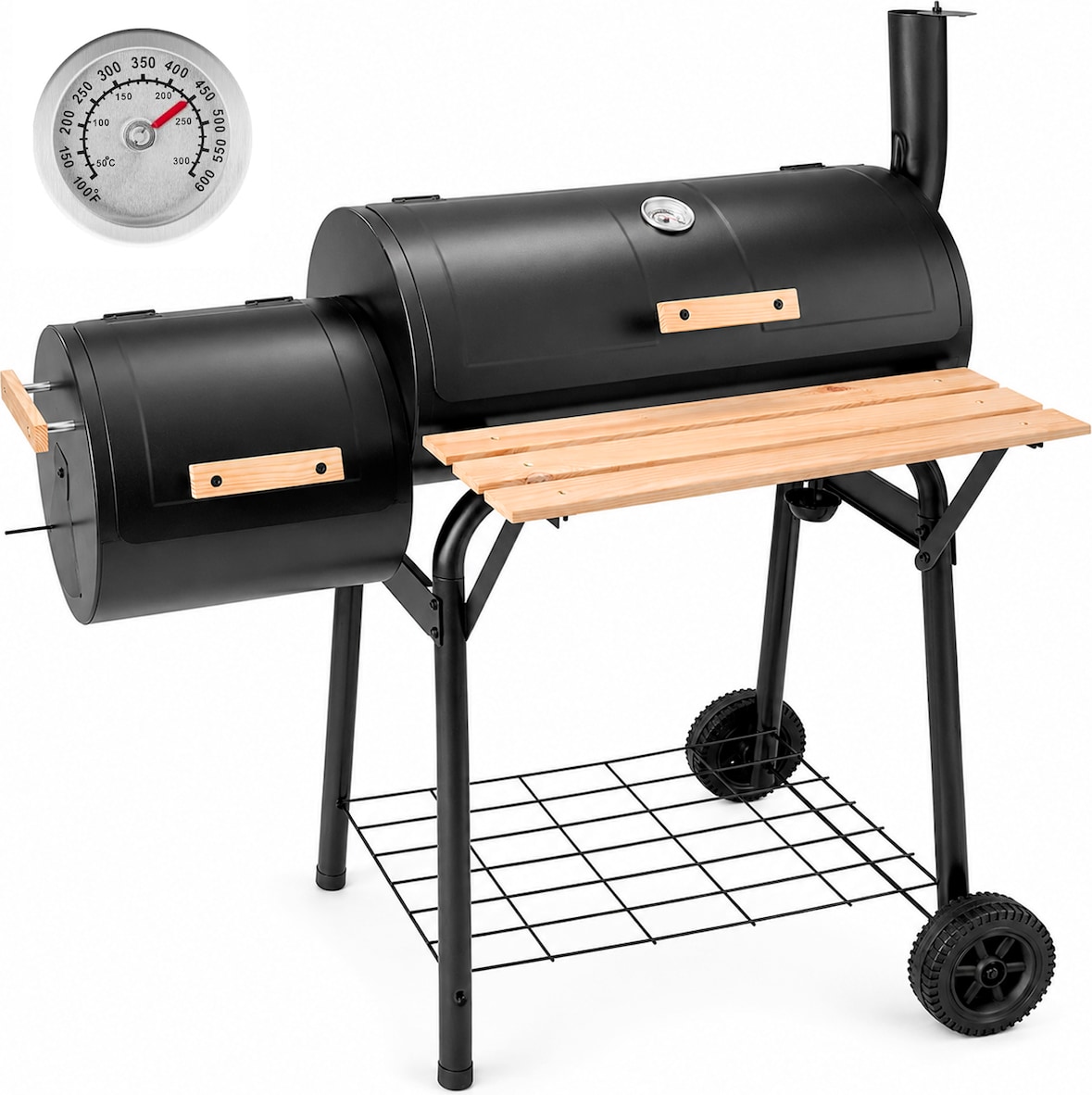 Barbecue A Carbone Con Affumicatore Laterale BBQ Con Termometro Integrato Griglie Cromate Ripiano E Maniglie Griglia 109.5 x 59 x 116 Cm Nero
