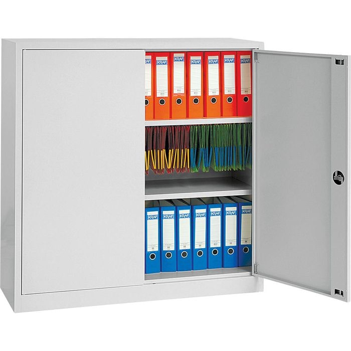 PROREGAL Flügeltürenschrank Badger | 2 Fachböden | Eurolock Griff Sockel | HxBxT 120x92x42 cm | Grau | Lackiert
