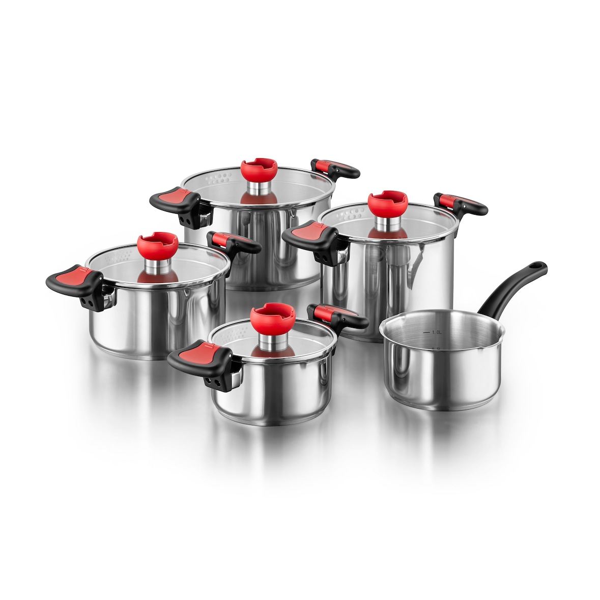 KOPF Topfset Nelo aus Edelstahl, Induktion, Kochtopfset mit intelligenter Abgießhilfe, 9-teilig