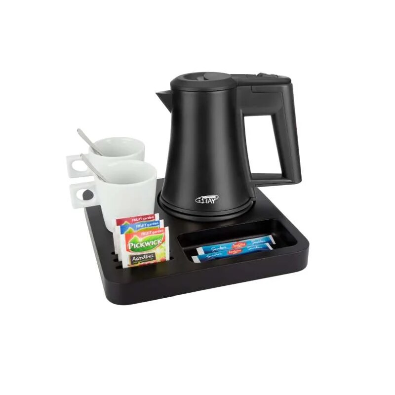 Willkommenstablett SLIM Schwarz mit Wasserkocher STAR 0,5 L Schwarz und 2 weiße Porzellantassen