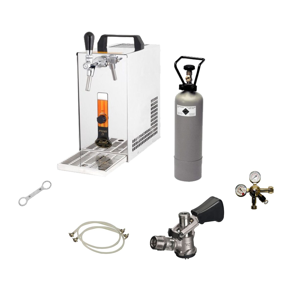 Komplett Set - Zapfanlage, Bierzapfanlage, Bierkoffer, Durchlaufkühler PYGMY 25 1-leitig Trockenkühler, 35 Liter/h, Zapfkopf:Kombi