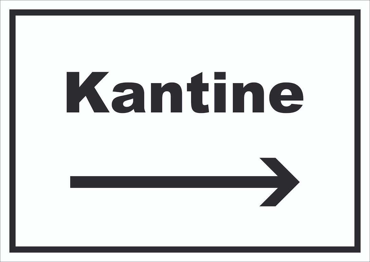 Kantine Schild mit Text und Richtungspfeil rechts essen und trinken waagerecht A5 (148x210mm)